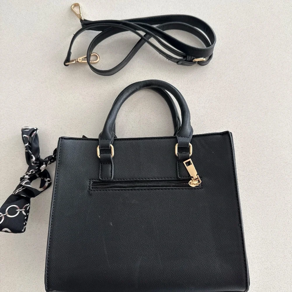 Black Structured Top Handle Crossbody Purse Faux Leather Basic Purse Everyday - Picture 3 of 13